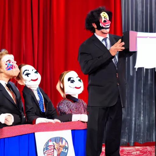 Prompt: puppet show with a puppeteer using a president with clown makeup in a podium