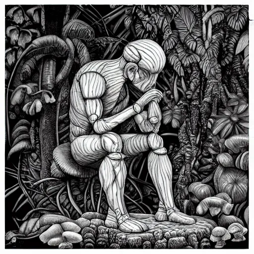 Image similar to botanical sketch of a cybernetic The thinker sculpture with mushrooms and peyote at the base, surrounded by a lush jungle and vines, high detail, b&w,