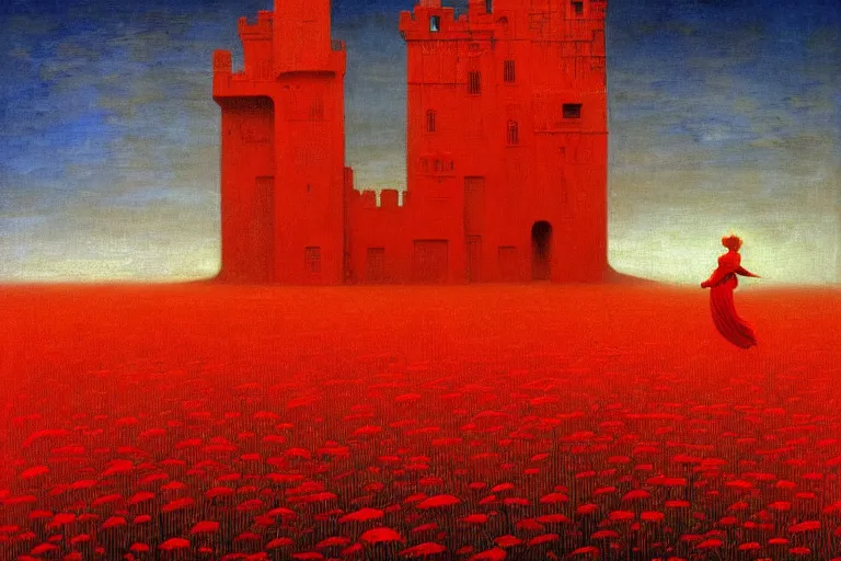 Image similar to only with red, red flowers of different types, a red tiger, a castle in the background, medieval demons dance over the flowers, an ancient path, in the style of beksinski, part by hopper, part by rodcenko, part by hofbauer, intricate composition, red by caravaggio, insanely quality, highly detailed, masterpiece, red light, artstation