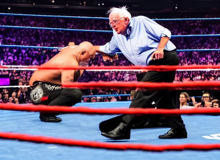 Image similar to photo still of bernie sanders in the ring at wwe wrestlemania 3 6!!!!!!!! at age 7 8 years old 7 8 years of age!!!!!!! posing on top turn buckle, 8 k, 8 5 mm f 1. 8, studio lighting, rim light, right side key light