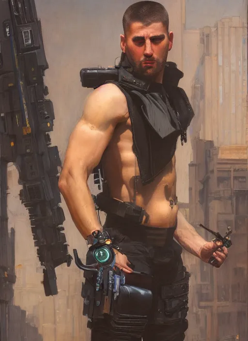 Image similar to big mike. cyberpunk gymnast wearing a military vest and combat gear. (Cyberpunk 2077, bladerunner 2049). Round face. Iranian orientalist portrait by john william waterhouse and Edwin Longsden Long and Theodore Ralli and Nasreddine Dinet, oil on canvas. Cinematic, hyper realism, realistic proportions, dramatic lighting, high detail 4k