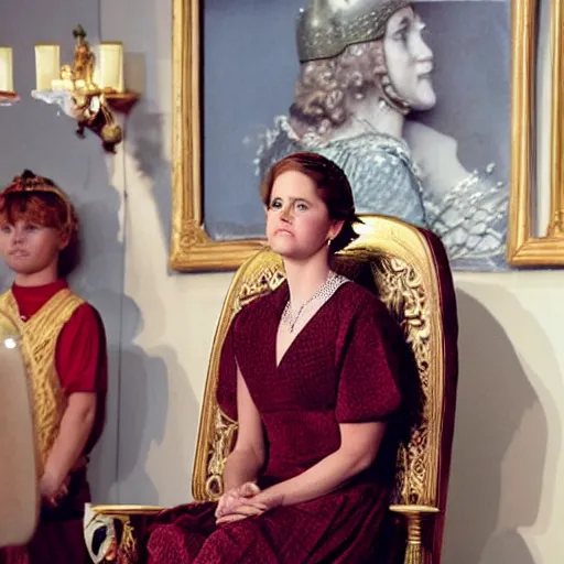 Image similar to Jenna Fischer in Roman queen clothes, sitting on throne, holding court, Norman Rockwell