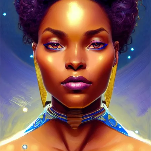 Image similar to Portrait of very very very very very very beautiful african woman, spacesuit, blue eyes, intricate, elegant, highly detailed, digital painting, artstation, concept art, smooth, sharp focus, illustration, art by artgerm and greg rutkowski and alphonse mucha