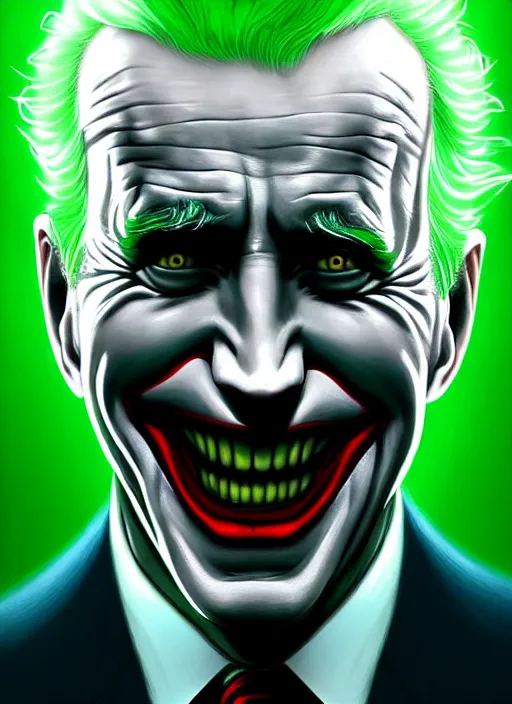 Image similar to portrait of joe biden as the joker, green hair, intricate, elegant, glowing lights, highly detailed, digital painting, artstation, concept art, sharp focus, illustration, art by wlop, mars ravelo and greg rutkowski