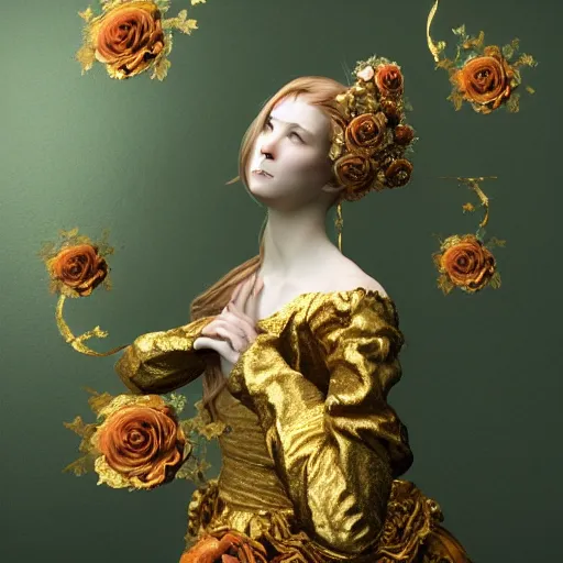 Prompt: 8k, octane render, realism, tonalism, renaissance, rococo, baroque, portrait of a young lady wearing long manga dress with flowers and skulls, background chaotic gold leaf flowers