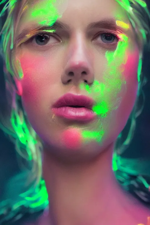 Image similar to A fancy portrait of a women with glowing colours around her by Greg Rutkowski, beeple, Sung Choi, Mitchell Mohrhauser, Maciej Kuciara, Johnson Ting, Maxim Verehin, Peter Konig, final fantasy, macro lens, 35mm, 8k photorealistic, cinematic lighting, HD, high details, dramatic, dark atmosphere, trending on artstation