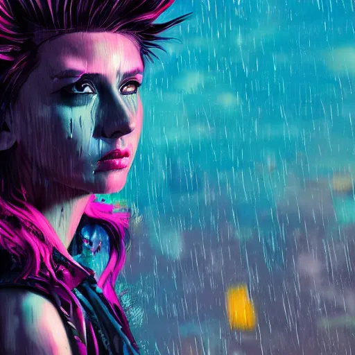 Prompt: splashes of neon clouds, mowhawk, punk women portrait made out of paint with rain in the background, trending on artstation, epic composition, emotional, beautiful, rendered in octane, highly detailed, realistic, tim burton comic book art, sharp focus, matte painting, unreal engine