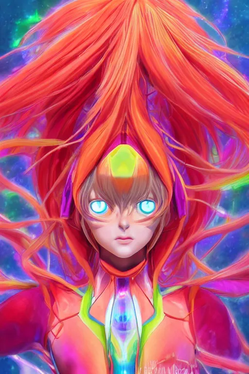 Prompt: a hyperdimensional priestess, Asuka Langley from Evangelion, neon rainbow quartz, gemstone, 4k detailed hyperrealistic digital photo by Andy Thomas, Mario Martinez, Daniel Mirante, Gustave Dore, Artstation, CGsociety