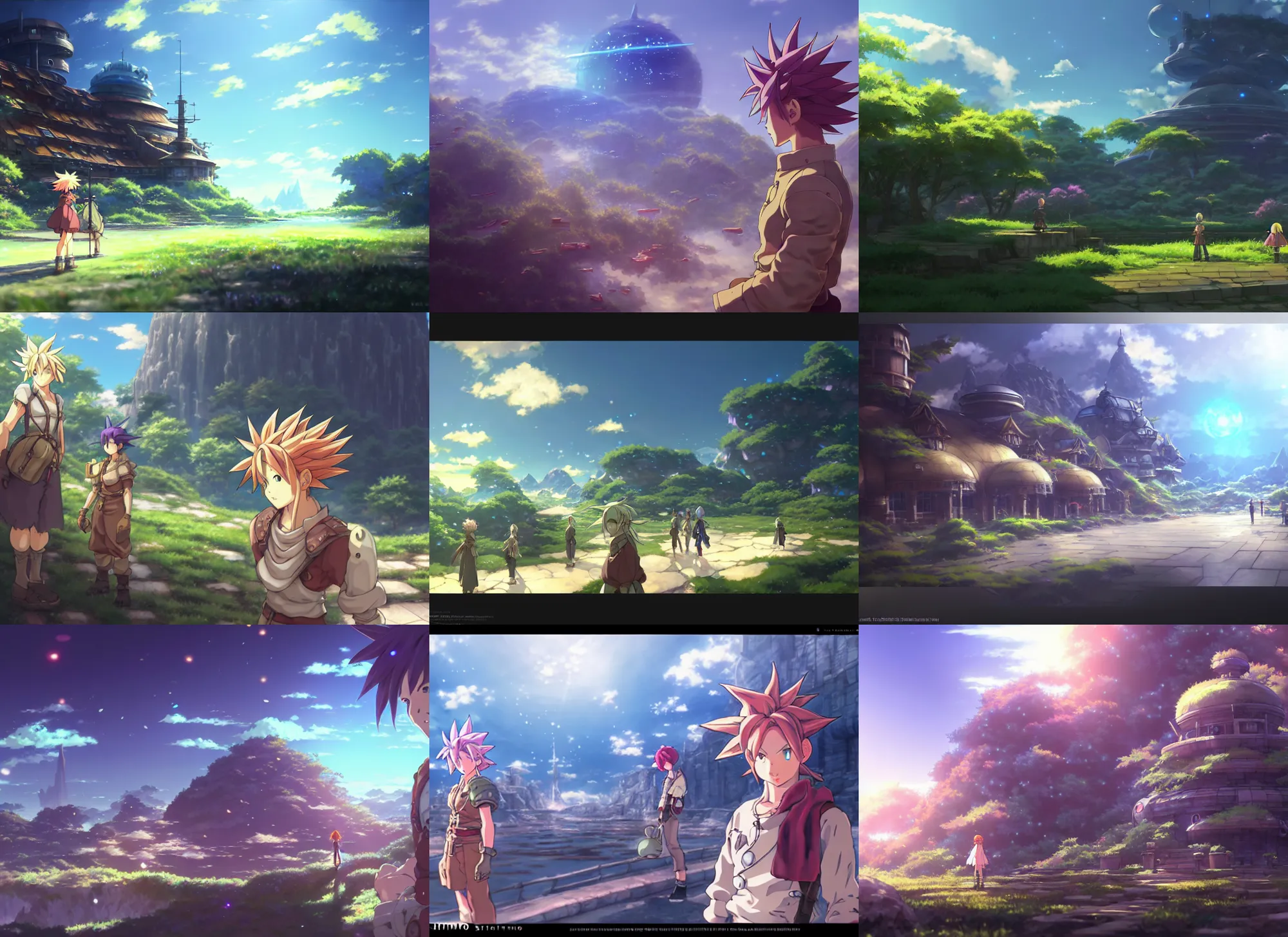 Prompt: photorealistic beautiful cinematic world of chrono trigger, by makoto shinkai, trending on artstation, highly detailed