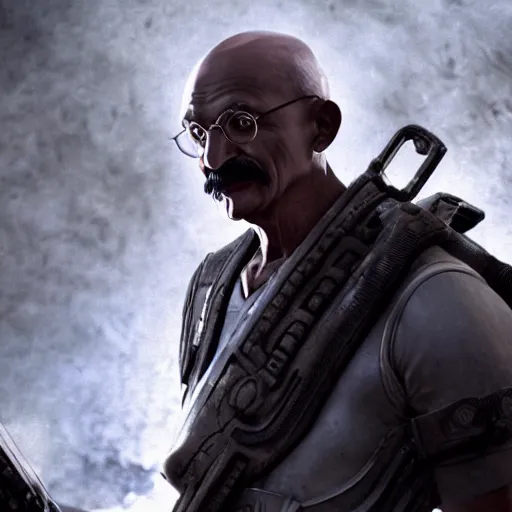 Image similar to Portrait of Mahatma Gandhi in Gears of War, splash art, movie still, cinematic lighting, dramatic, octane render, long lens, shallow depth of field, bokeh, anamorphic lens flare, 8k, hyper detailed, 35mm film grain