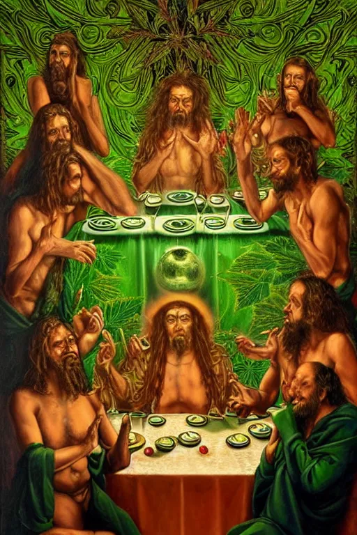 Prompt: hyper realistic portrait painting of the apostles at the last supper smoking marijuana ( intricate detail, hot neon green ornaments, marijuana leaves ) wet, marijuana buds, by saturno butto, boris vallejo, austin osman spare and david kassan, by bussiere. occult art, occult diagram, red and green color scheme.