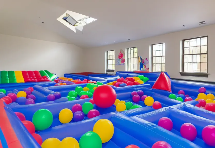 Image similar to A bouncy house with a ball pit and a trampoline inside a big empty room with light coming through windows