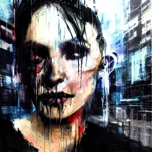 Image similar to a cyberpunk gothic noir detective, skulls, wires cybernetic implants, machine noir grimcore in cyberspace photoreal, atmospheric by jeremy mann francis bacon and agnes cecile, ink drips paint smears digital glitches