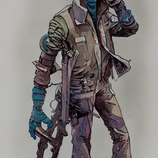 Image similar to watercolor of a cyberpunk mechanic in the style of Ashley Wood and Moebius