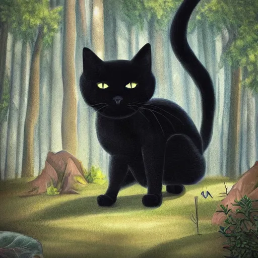 Prompt: a black cat looking curiously, there is a forest in the background, texture, intricate, details, highly detailed, masterpiece, architecture, building, trending on artstation, focus, sharp focus, concept art, digital painting, fantasy, sunny, day, midday