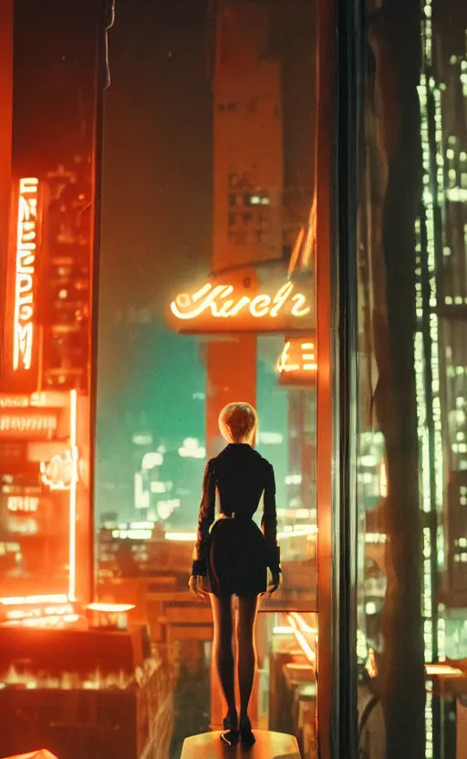Prompt: vertical movie frame, girl in 5 0's retro restaurant, editorial, fashion, neon - decorated urban on night in the city seen through the window, modern architecture design, vintage, night, blade runner, dark, postapocalyptic, clean lines, asian futuristic city at distance, big windows, octane, wide angle