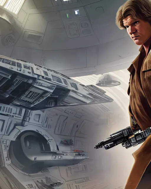 Image similar to portrait of han solo on the millennium falcon, harrison ford,, star wars, gta v, hyper realistic, ambient lighting, concept art, intricate, hyper detailed, smooth, action, volumetric lighting, george lucas, arney fretag, ralph mcquarrie, octane