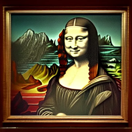 Prompt: picture of a painting on a wall that has a minecraft dirt block, with the body of the mona lisa