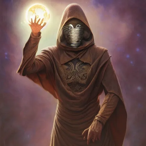 Image similar to masked nomad male wearing a cloak on an alien world and holding a holographic planet projection in his hand, detailed, sci - fi, digital painting, artstation, sharp focus, illustration, ominous, artgerm, tomasz alen kopera, peter mohrbacher, donato giancola, joseph christian leyendecker, wlop, frank frazetta