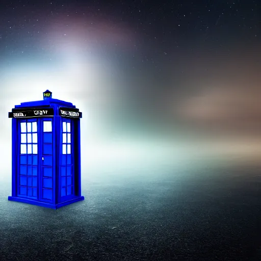 Image similar to a hyperdetailed photograph of the tardis sat on a futuristic street corner, night, dense fog, rain, hd, 8 k resolution