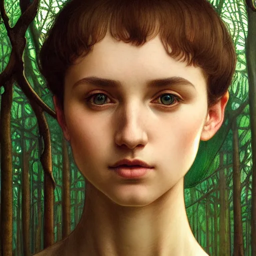 Image similar to symmetry portrait of welsh brunette student in mans tunic, tomboy, short hair, intricate forest background, intricate, elegant, highly detailed, digital painting, artstation, concept art, smooth, sharp focus, illustration, art by artgerm and greg rutkowski and fra angelico and alphons mucha