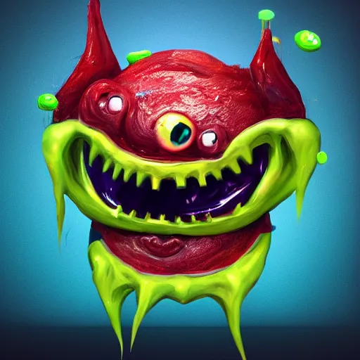 Image similar to evil monster with gummy teeth. Scary. Eating kids. Smiley face. High details, digital painting, artstation, 4k.