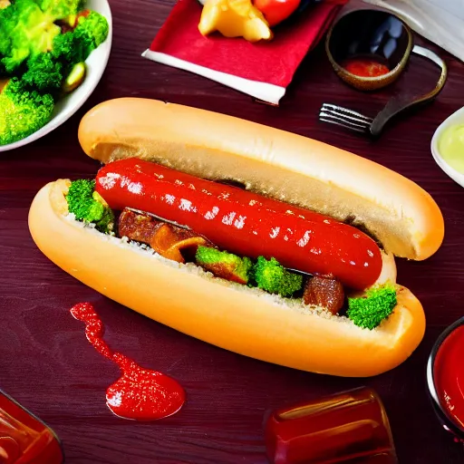 Prompt: photo shoot portrait of a delicious hot dog with mackerel, broccoli, ketchup and mustard, uhd, 8k, detailed,