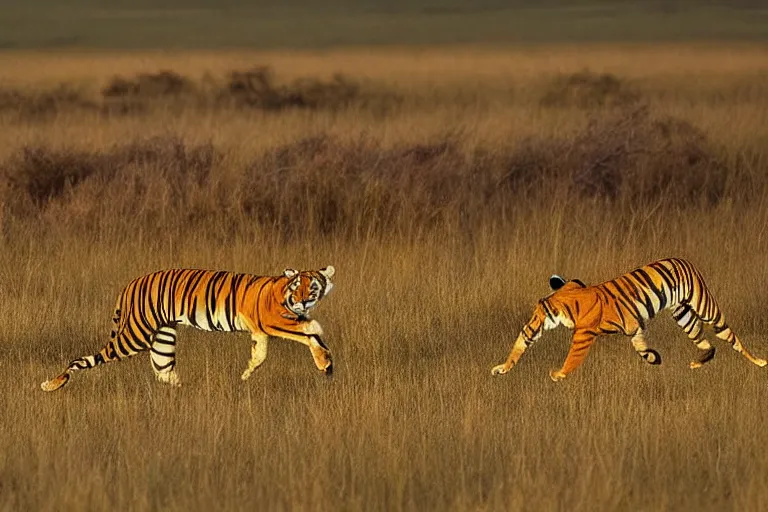 Image similar to 2 animals, one antelope and one tiger, the antelope is chasing the tiger golden hour, 6 0 0 mm, wildlife photo, national geographics