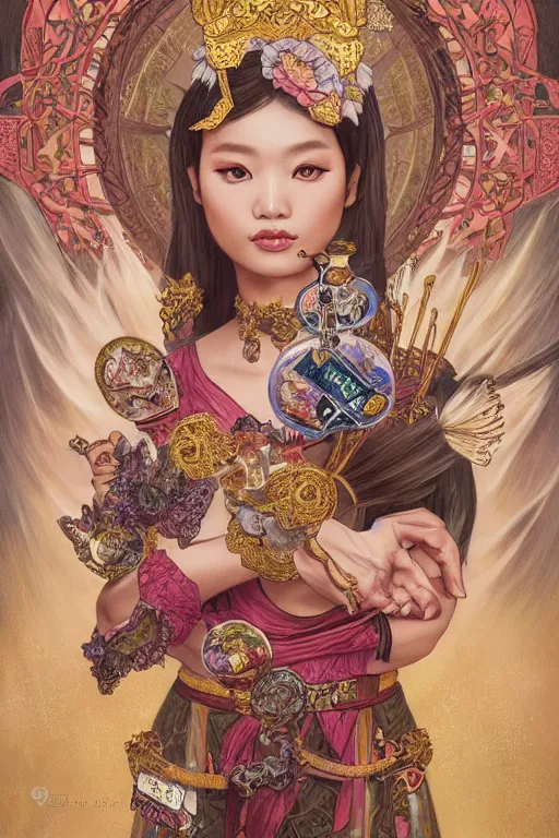 Prompt: portrait of Hello Kitty in ancient Java as \'Death\' tarot card design, D&D, MtG art,fantasy, intricate, elegant, highly detailed, digital painting, artstation, concept art, smooth, sharp focus, hyperrealistic,illustration, art by artgerm and greg rutkowski and alphonse mucha