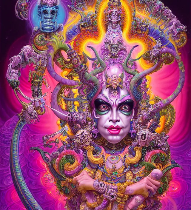 Prompt: lisa frank fantasy character portrait of kali ma, ultra realistic, yantra, wide angle, intricate details, dharma artifacts, aum, highly detailed by hr giger, peter mohrbacher, wayne barlowe, boris vallejo, hajime sorayama aaron horkey, gaston bussiere, craig mullins