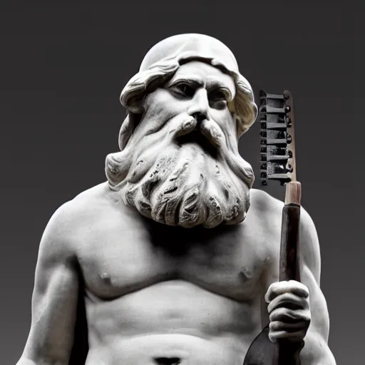 Prompt: epic greek marble statue of a grumpy bald man with a long beard, holding a marble guitar over his head, photo, chiaroscuro