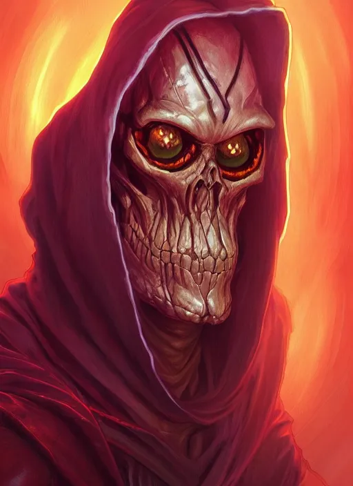 Image similar to portrait of skeletor, red glowing eyes, cloak, fantasy, extremely detailed, digital painting, artstation, concept art, smooth, sharp focus, illustration, stunning lighting, art by artgerm and alphonse mucha and simon stalenhag, realistic character concept, high fantasy, light atmosphere, golden ratio, cinematic