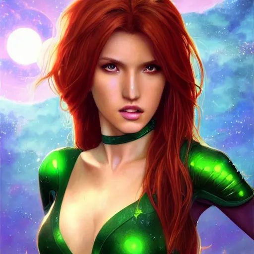Image similar to ultra realistic illustration, bella thorne as starfire anime with glowing green eyes, intricate, elegant, highly detailed, digital painting, artstation, concept art, smooth, sharp focus, illustration, art by artgerm and greg rutkowski and alphonse mucha and wlop