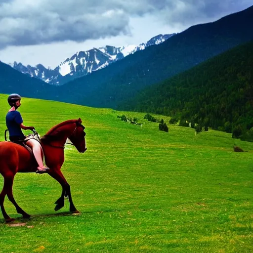 Image similar to horse riding! bicycle!, cycling!!, anthropomorphic!!!!, in the mountains, award winning photo,