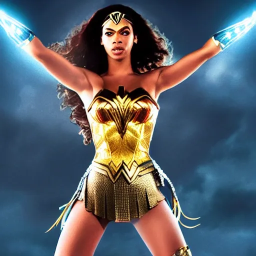 Image similar to A movie still of Beyonce as Wonder Woman, dynamic lighting, smiling, 8k, Heroic Pose, 2022 picture of the year