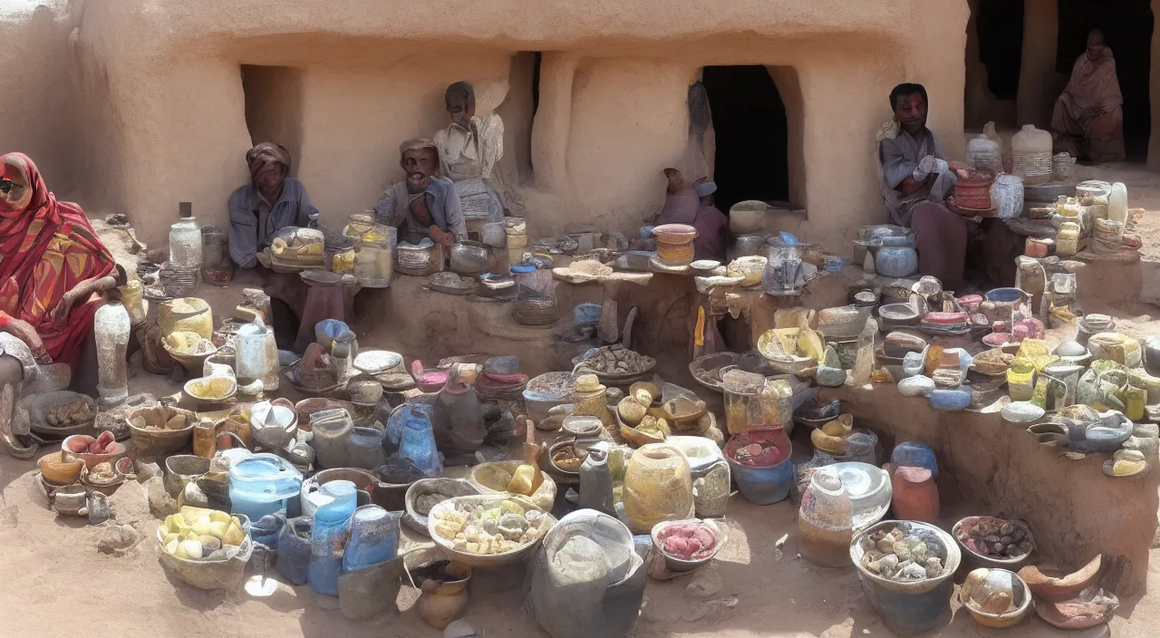 Prompt: A desert shopkeeper selling canteens