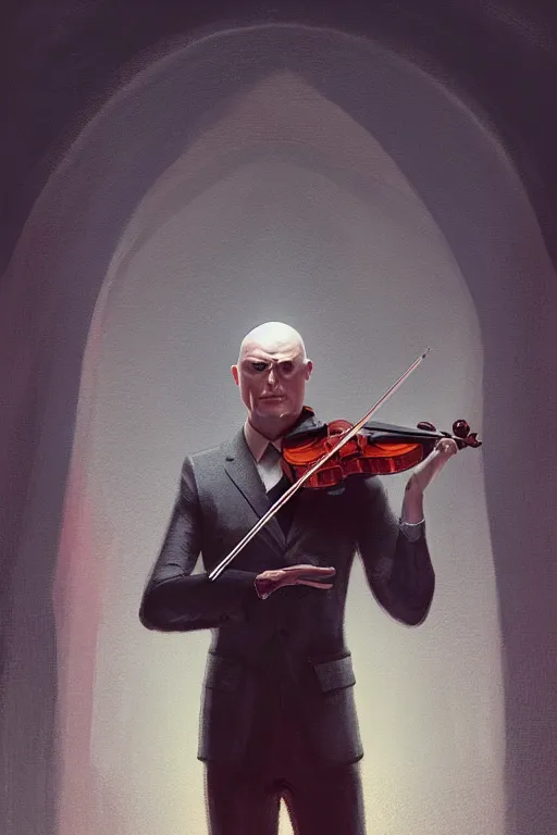 Image similar to an expressive portrait of agent 4 7 playing the violin in a monastery, dark background, red rim light, digital art, artstation, concept art by giger stalenhag