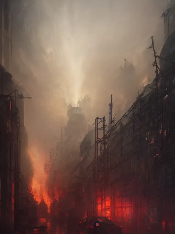 Prompt: photo of 8k ultra realistic burning city of London, heavy storm, rain, full of colour, cinematic lighting, battered, trending on artstation, 4k, hyperrealistic, focused, extreme details,unreal engine 5, cinematic, masterpiece, art by Peter Mohrbacher