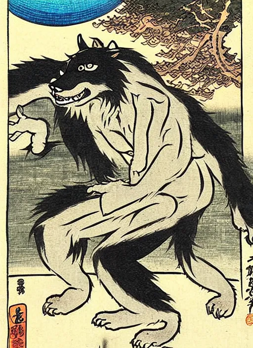 Image similar to a werewolf as a yokai illustrated by kawanabe kyosai and toriyama sekien