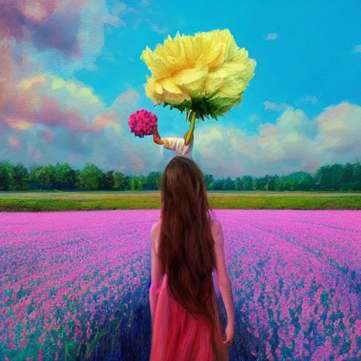 Image similar to girl with a giant carnation head, surreal photography, flower field, sunset dramatic light, impressionist painting, colorful clouds, blue sky, digital painting, artstation, simon stalenhag