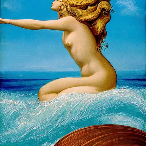 Image similar to The painting depicts the moment when the goddess Venus is born from the sea. She is shown standing on a giant clam shell, with her long, flowing hair blowing in the wind. The painting is full of light and color, and Venus looks like she is about to step into a beautiful, bright future. outrun, copper verdigris by Max Dupain, by Bruce Timm 3d render