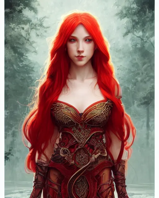 Prompt: Red haired Goddess, holds a spark of all creation in her hands, a tiny red dragonlet, intricate dress, wide angle, intricate, elegant, overdetailed, professional digital painting, artstation, concept art, smooth, sharp focus, 8K, art by artgerm and greg rutkowski and alphonse mucha and loish and WLOP