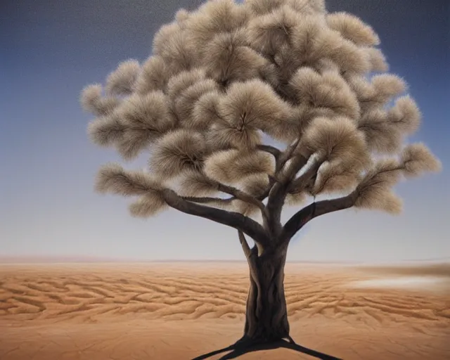 Image similar to a striking painting of a tree in the desert, an airbrush painting by breyten breytenbach, sea of sand, cgsociety, neo - primitivism, airbrush art, dystopian art, apocalypse landscape