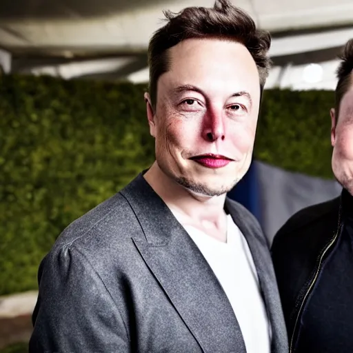 Image similar to A portrait photo of Elon Musk teams up with a teenage Elon Musk, perfect faces, 50 mm, award winning photography