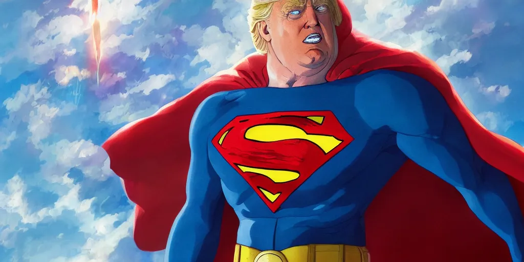 Prompt: donald trump as superman, studio portrait, detailed face, art by makoto shinkai, studio ghibli, greg rutkowski, wlop, artgerm, highly detailed, 4 k, digital art, high quality