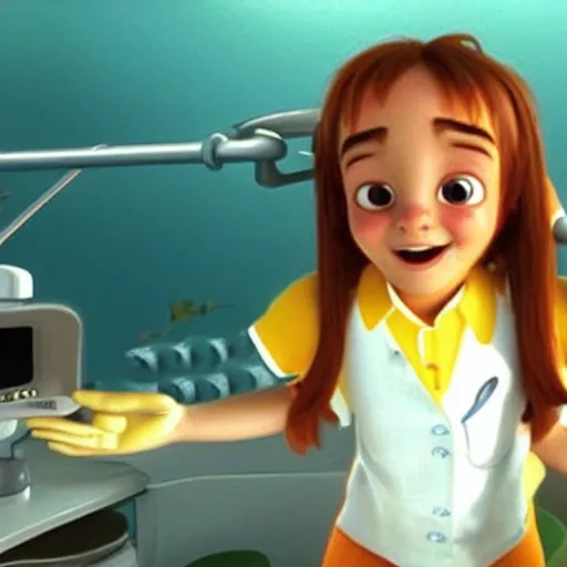 Image similar to film still of emma watson from finding nemo, dentist office 2 0 0 3,