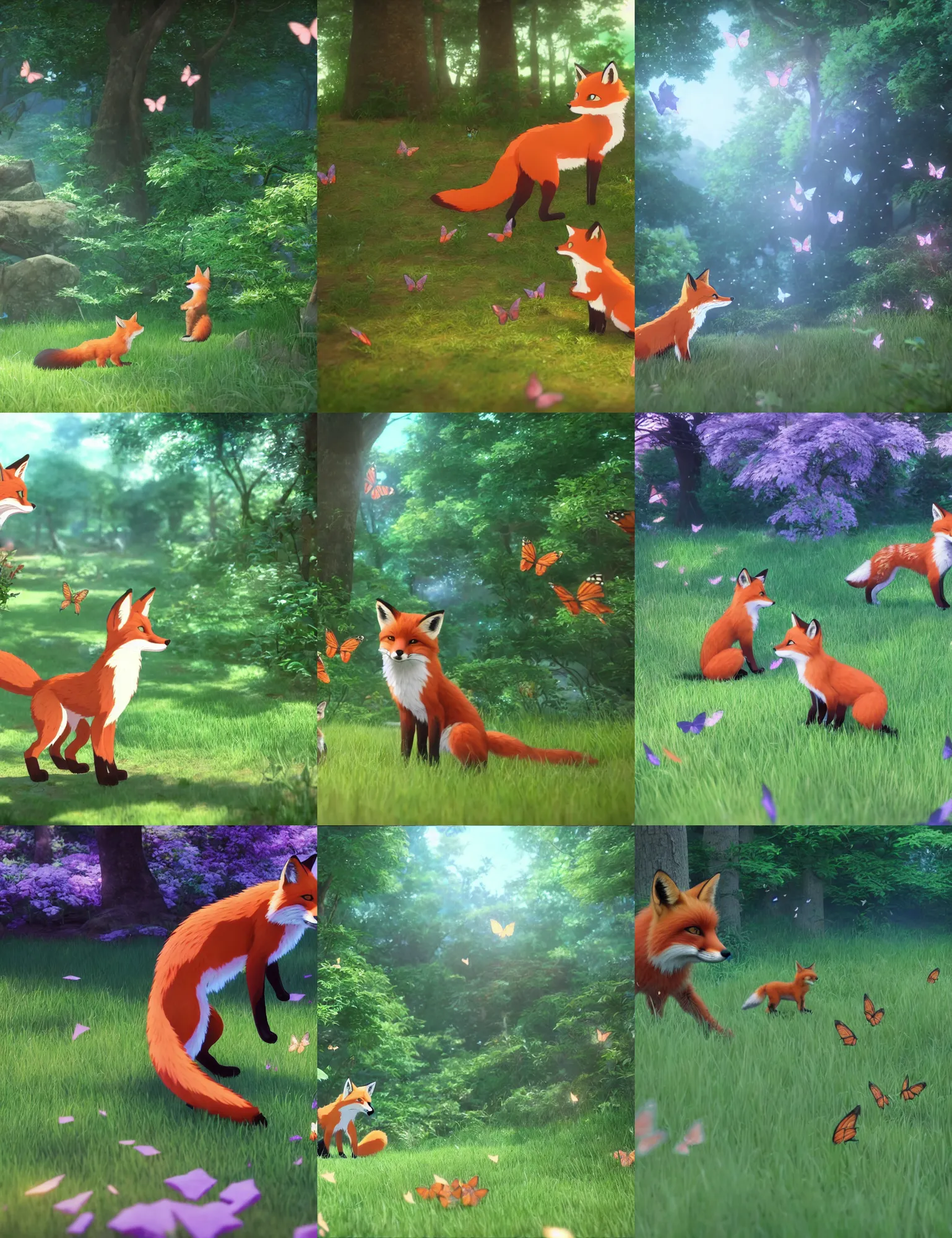 Prompt: fox as little cat play with butterflies in forest, true colors, anime, japan, makoto shinkai, ultra hd, ray tracing