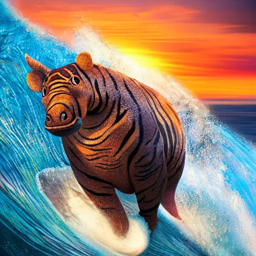 Image similar to a closeup photorealistic photograph of a smiling cute knitted tiger hippopotamus riding a large wave during sunset. surf in the background. professional capture. brightly lit scene. this 4 k hd image is trending on artstation, featured on behance, well - rendered, extra crisp, features intricate detail, epic composition and the style of unreal engine.