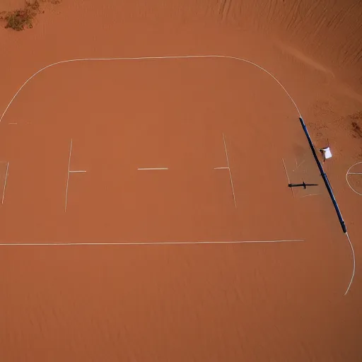 Image similar to a basketball court in the Sahara desert, award winning photo, 8k, ultra realistic, canon camera