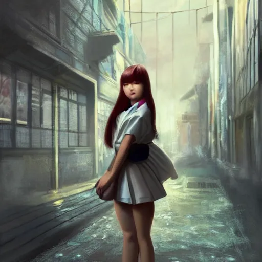 Image similar to a perfect, realistic professional digital oil painting of a Japanese schoolgirl posing in a dystopian alleyway, style of Marvel, full length, by a professional American senior artist on ArtStation, a high-quality hollywood-style concept